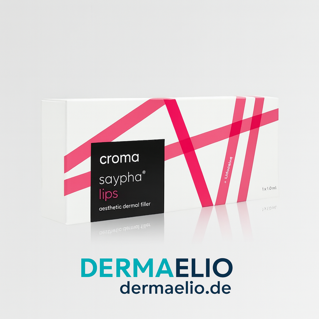 Croma Saypha Lips packaging with DERMAELIO branding on a light gray background