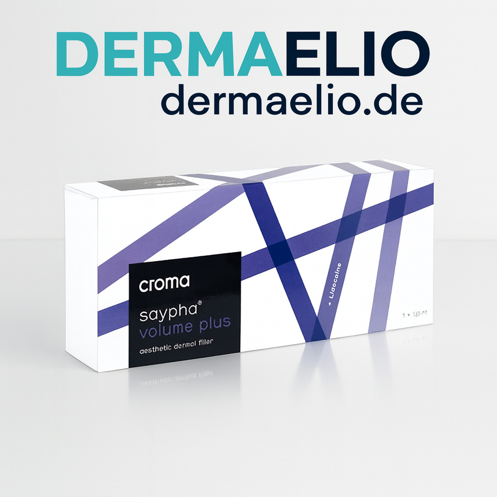 Box of croma saypha volume plus with DERMAELIO branding on a light gray background