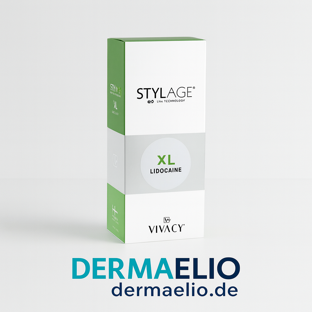 Stylage Vivacy XL Lidocaine packaging on a white background with DermaElio branding.