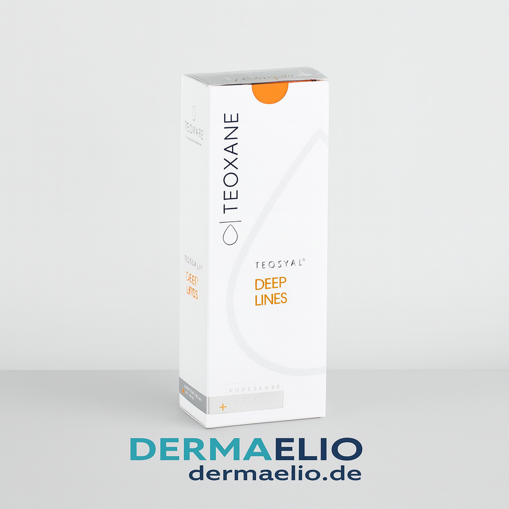 Teoxane Deep Lines packaging on a gray background with Derma Elios branding.