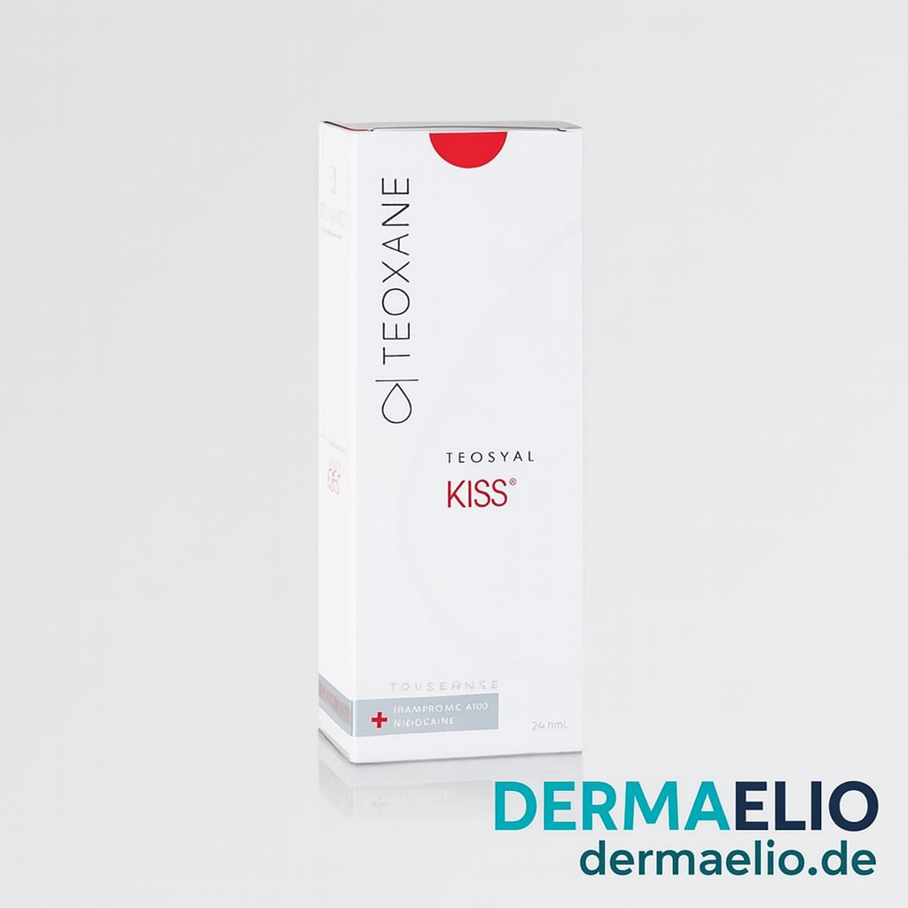 Teoxane Teosyal Kiss packaging on a light gray background with DermaElio branding.