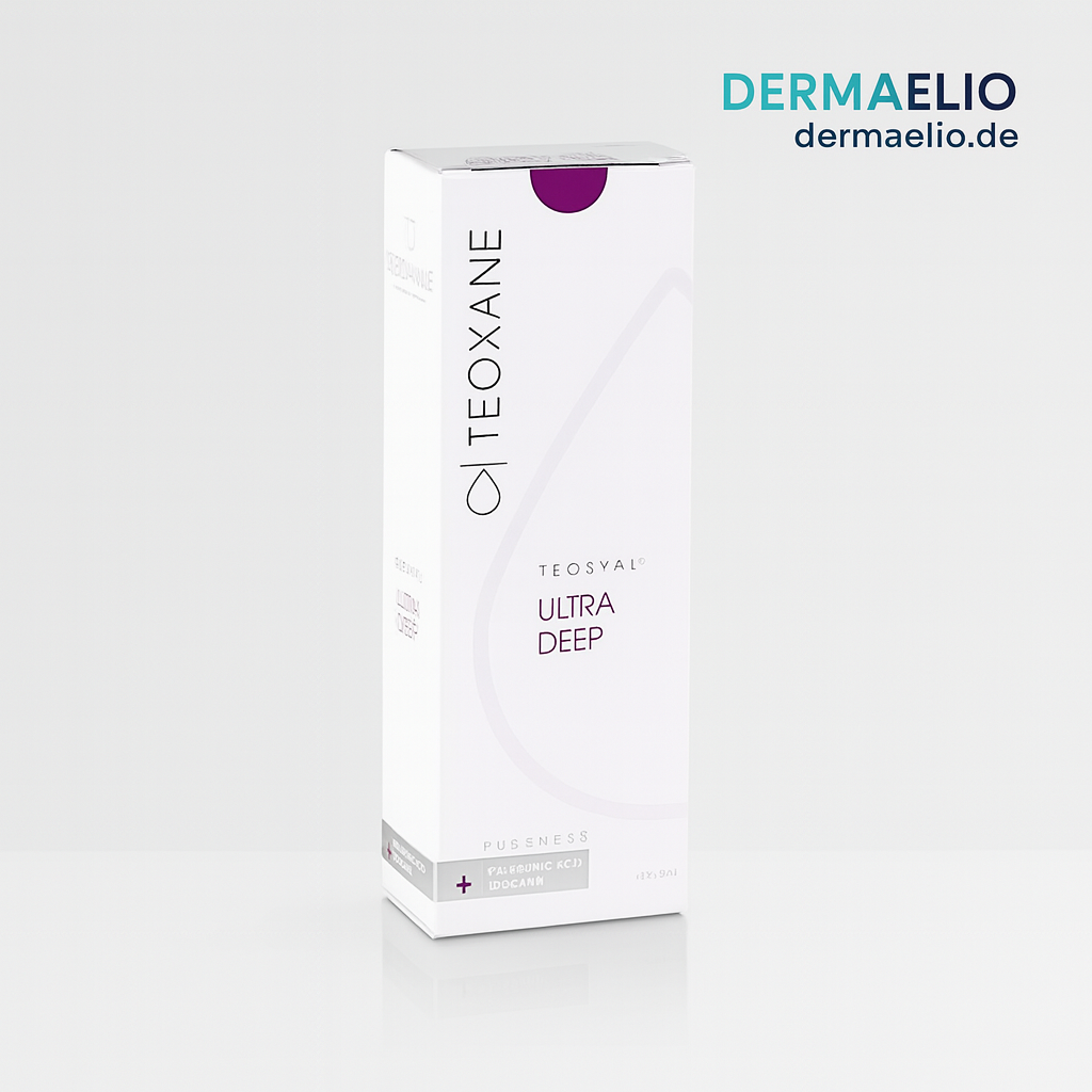 Teoxane packaging on a white background with DermaElio branding.