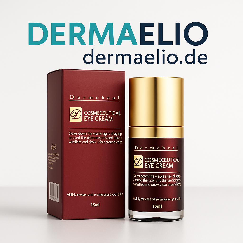 Cosmetic eye cream with packaging on a light gray background, featuring the brand 'Dermaelio'.
